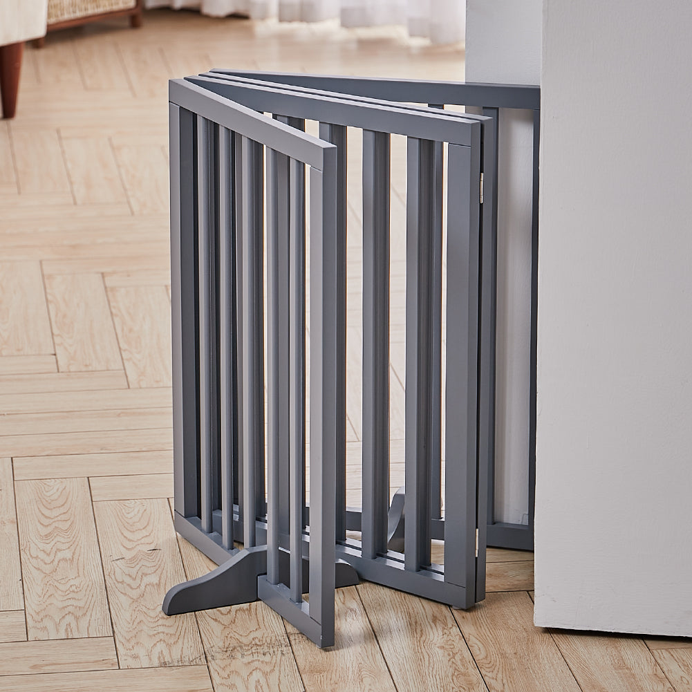 Foldable Freestanding 3/4-panel Pet Gate, Indoor Safety Barrier For Doorways, Halls & Staircases | Large | Grey