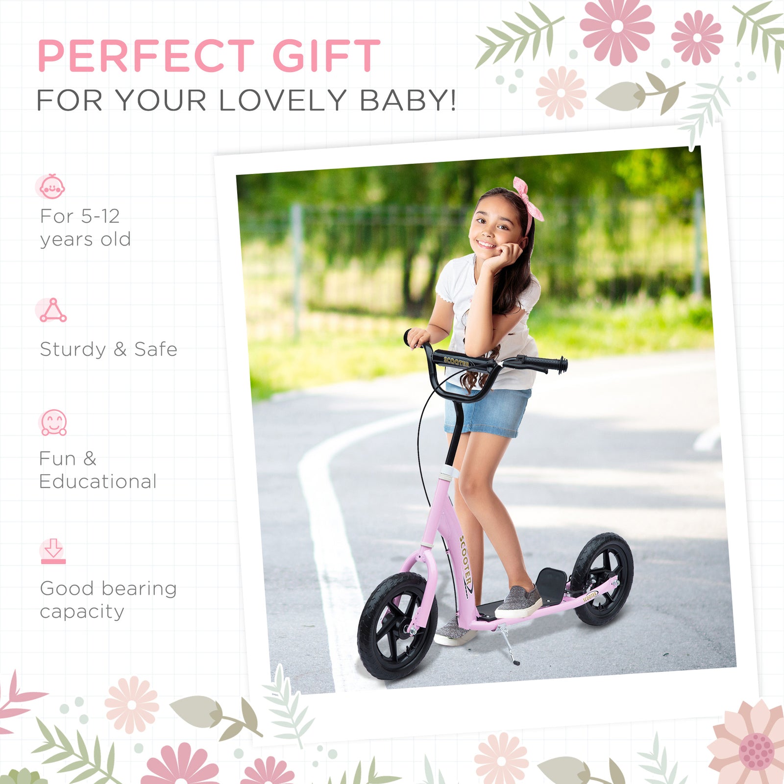 Push Scooter Teen Kids Stunt Bike Ride On With 12" Eva Tyres | Pink