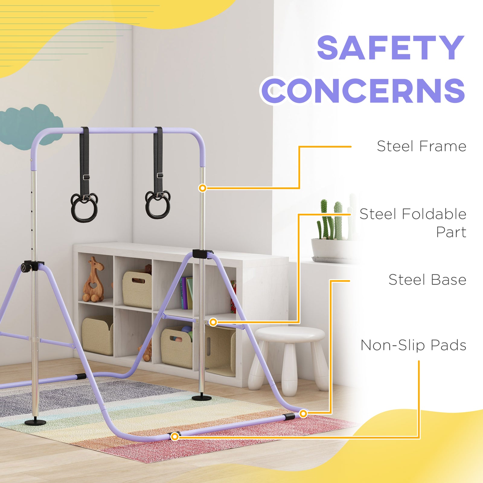 Adjustable Height Foldable Kids Gymnastics Bar With Non-slip Mats | Purple