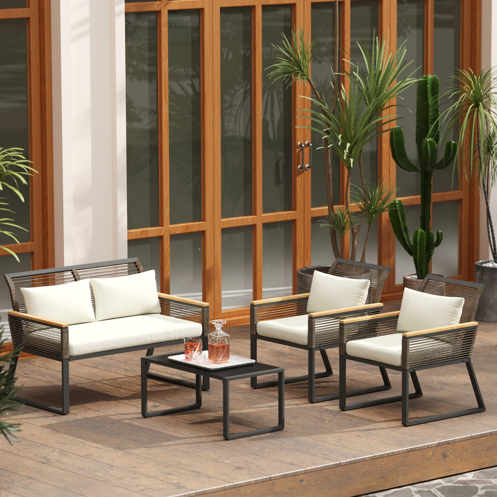 4 Seater Round Wicker Rope Garden Furniture Set W/ Cushions