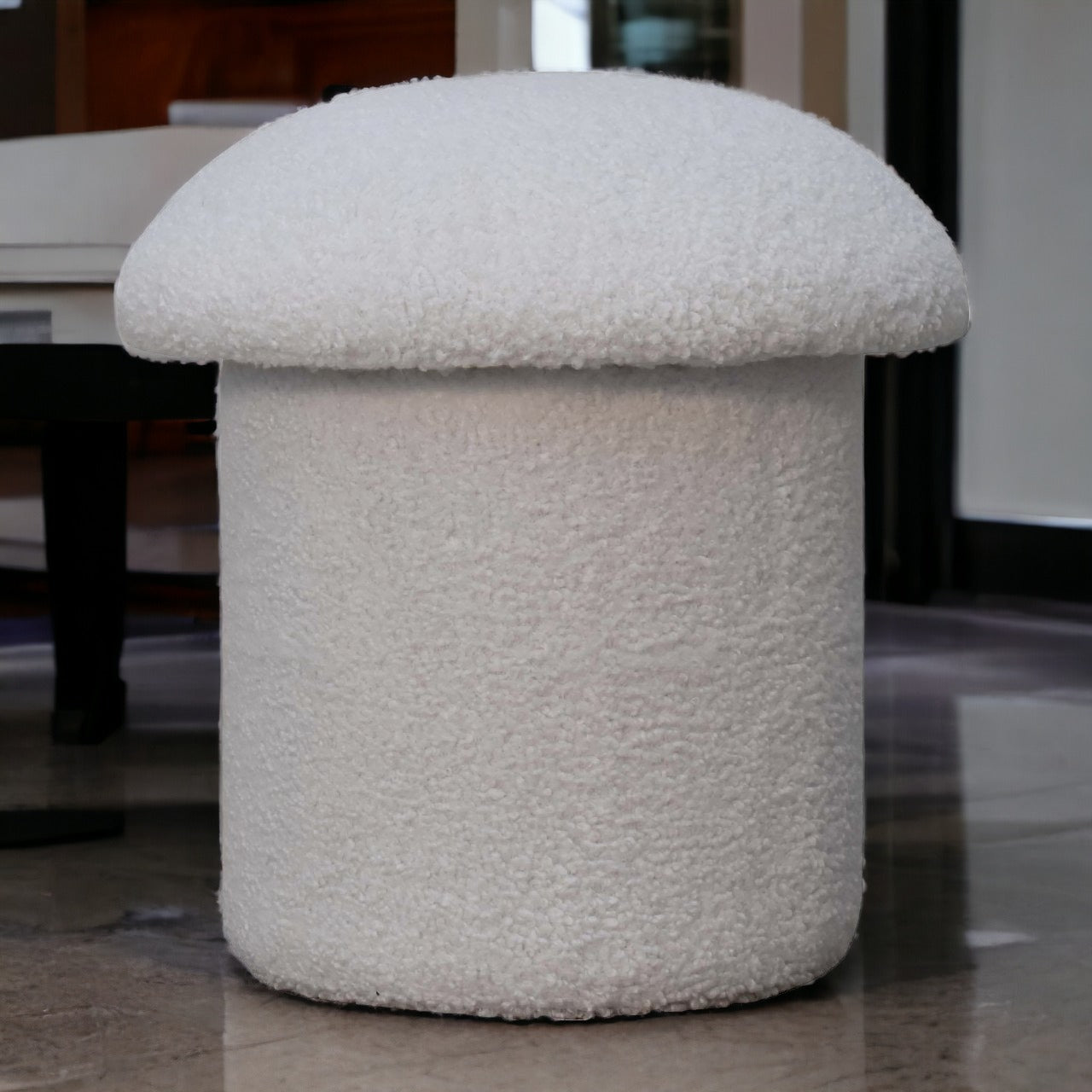 Solid Mango Wood White Boucle Mushroom Footstool