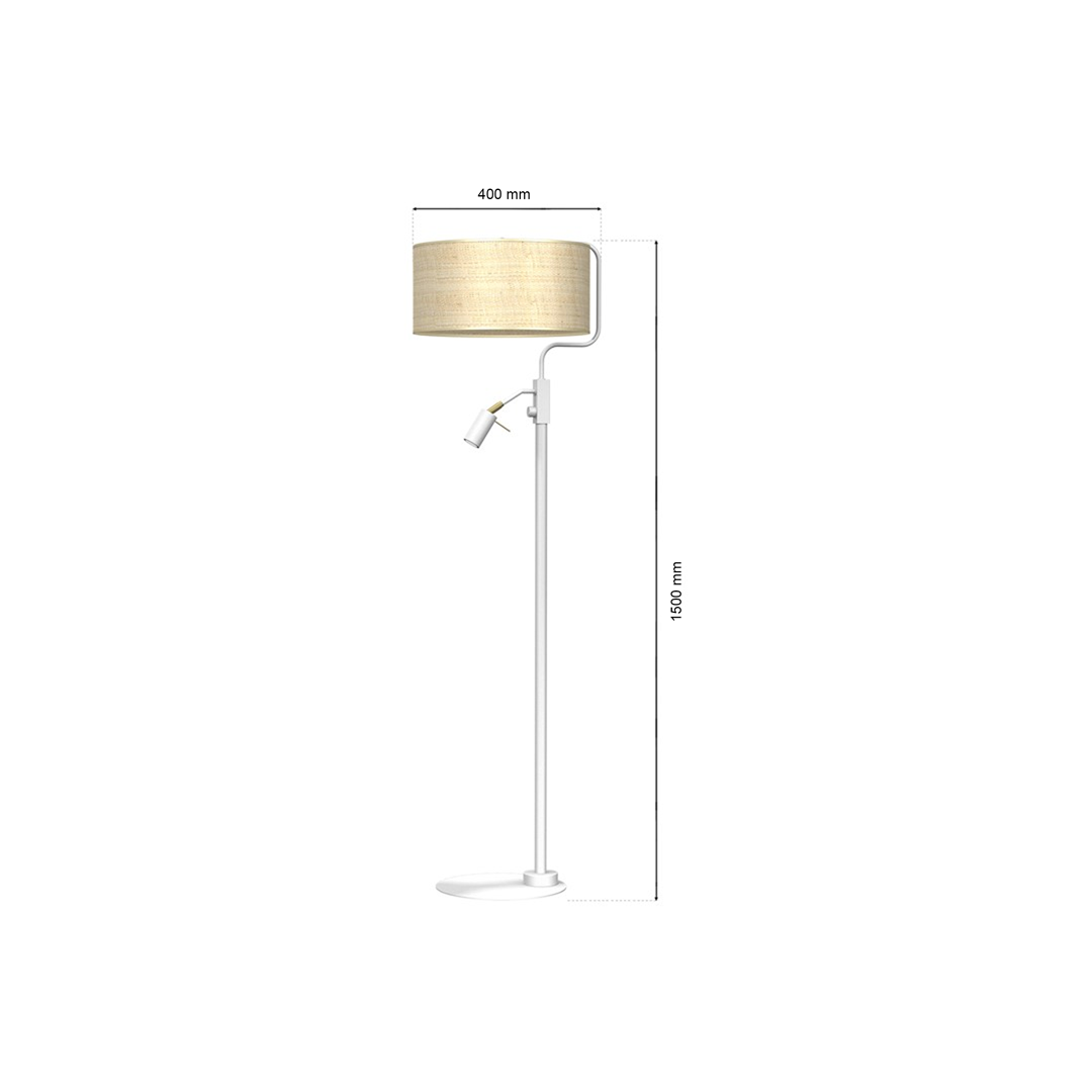 Marshall Hand Made Designer Floor Lamp In Matt White Metal And Natural Rattan Coloured Fabric