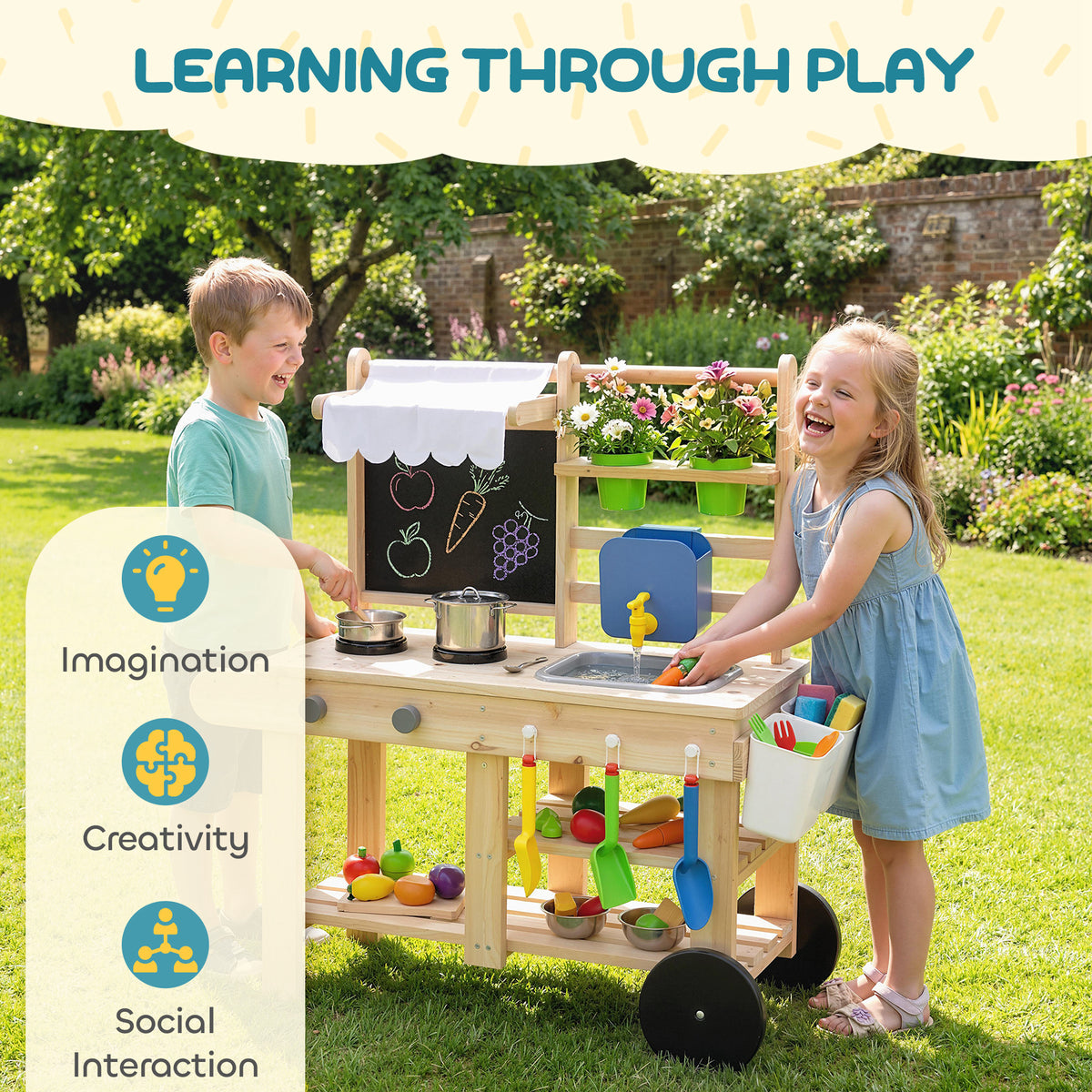 AIYAPLAY Mud Kitchen With Real Water Faucet Natural Wood