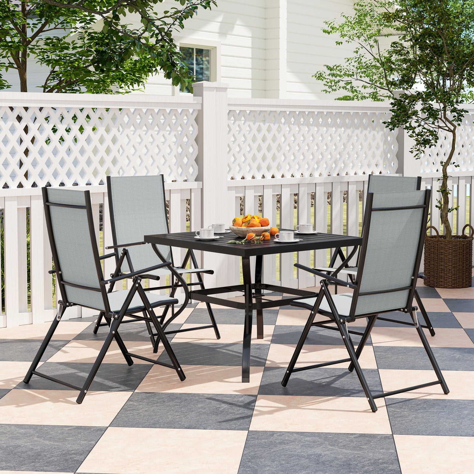 5 Pcs Garden Dining Set, Folding Chairs And Metal Top Table | Gray