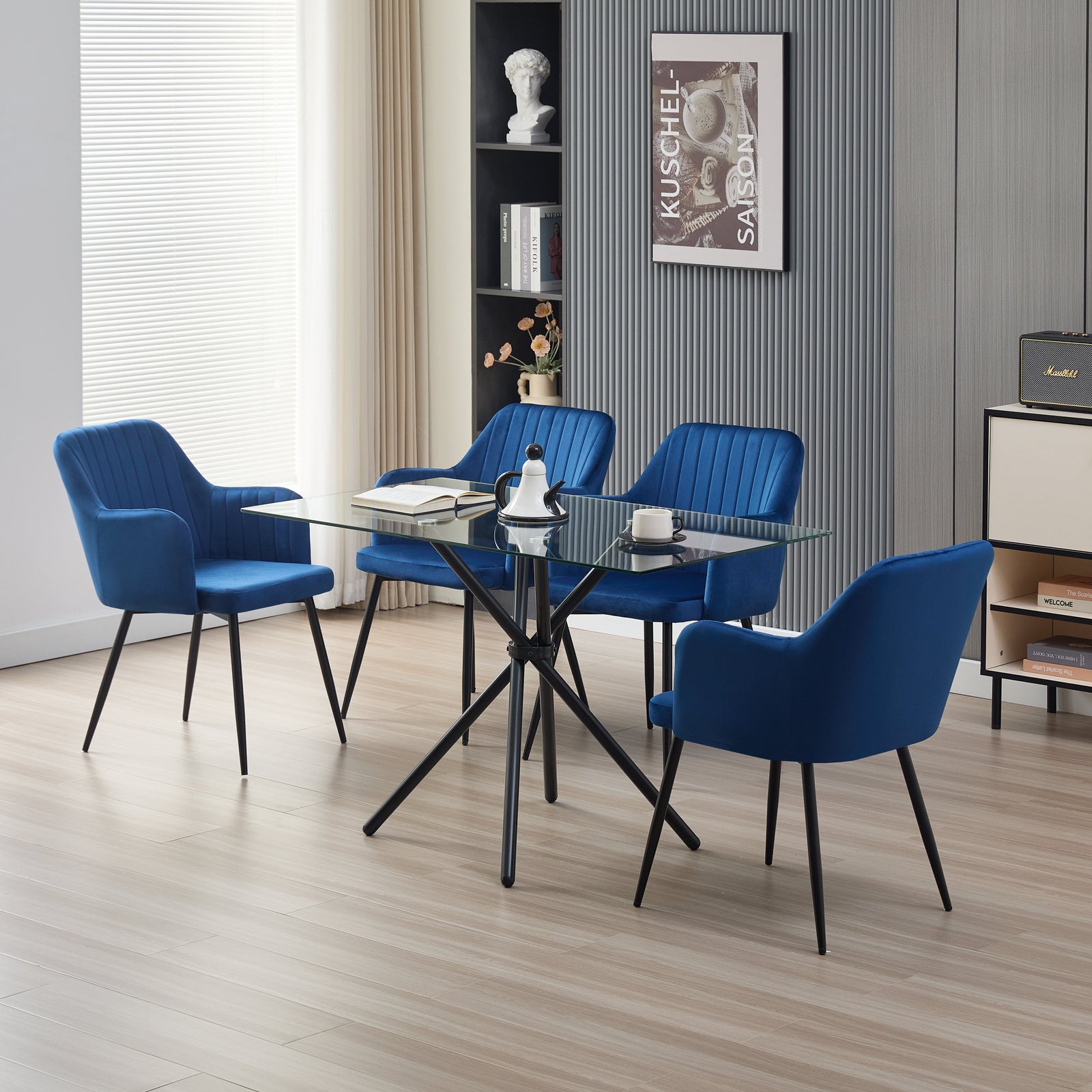 Elegant Miami Dining Table Set With 4 Velvet Charlotte Chairs | Blue