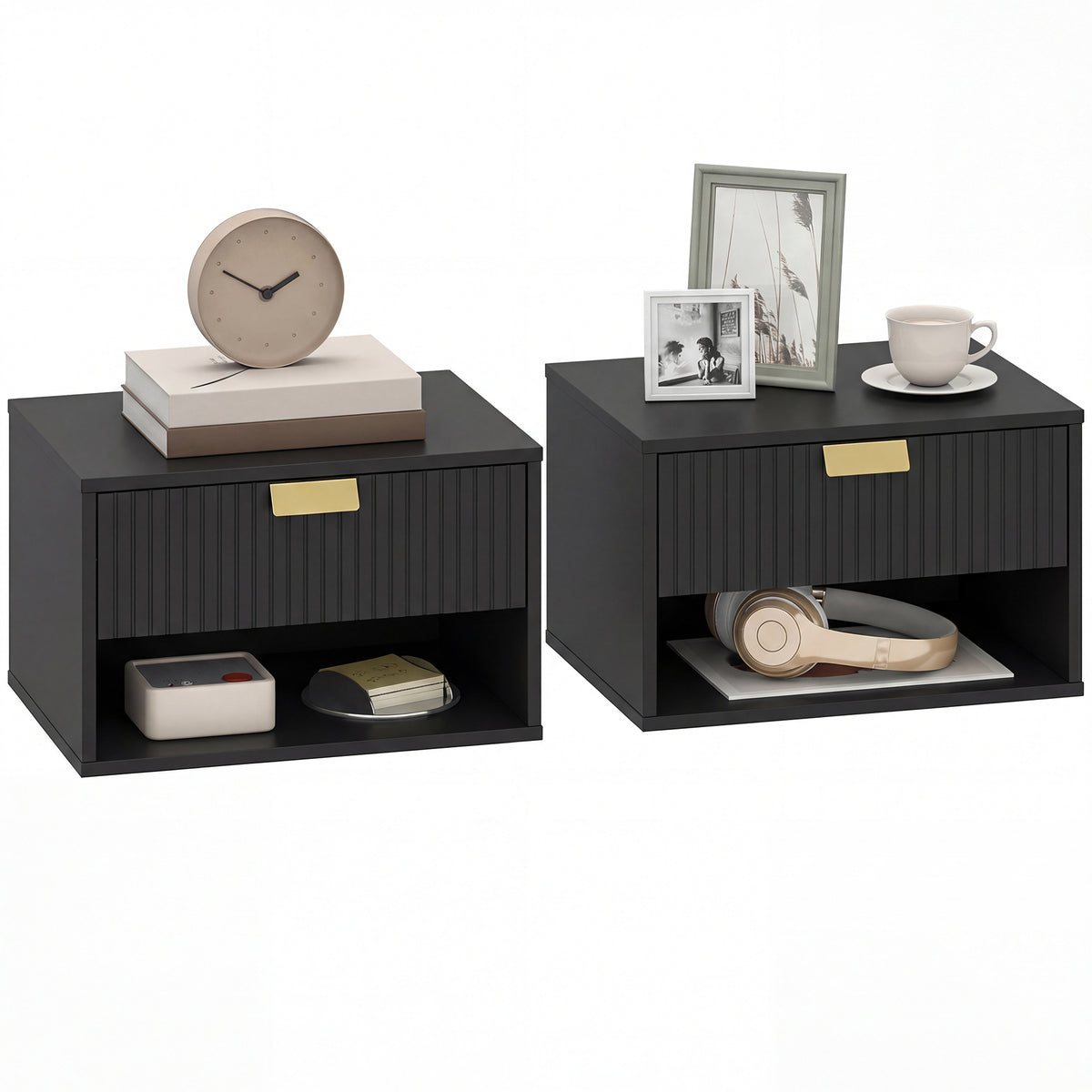 HOMCOM Floating Bedside Tables Set Of 2 With Fluted Drawer Open Shelf