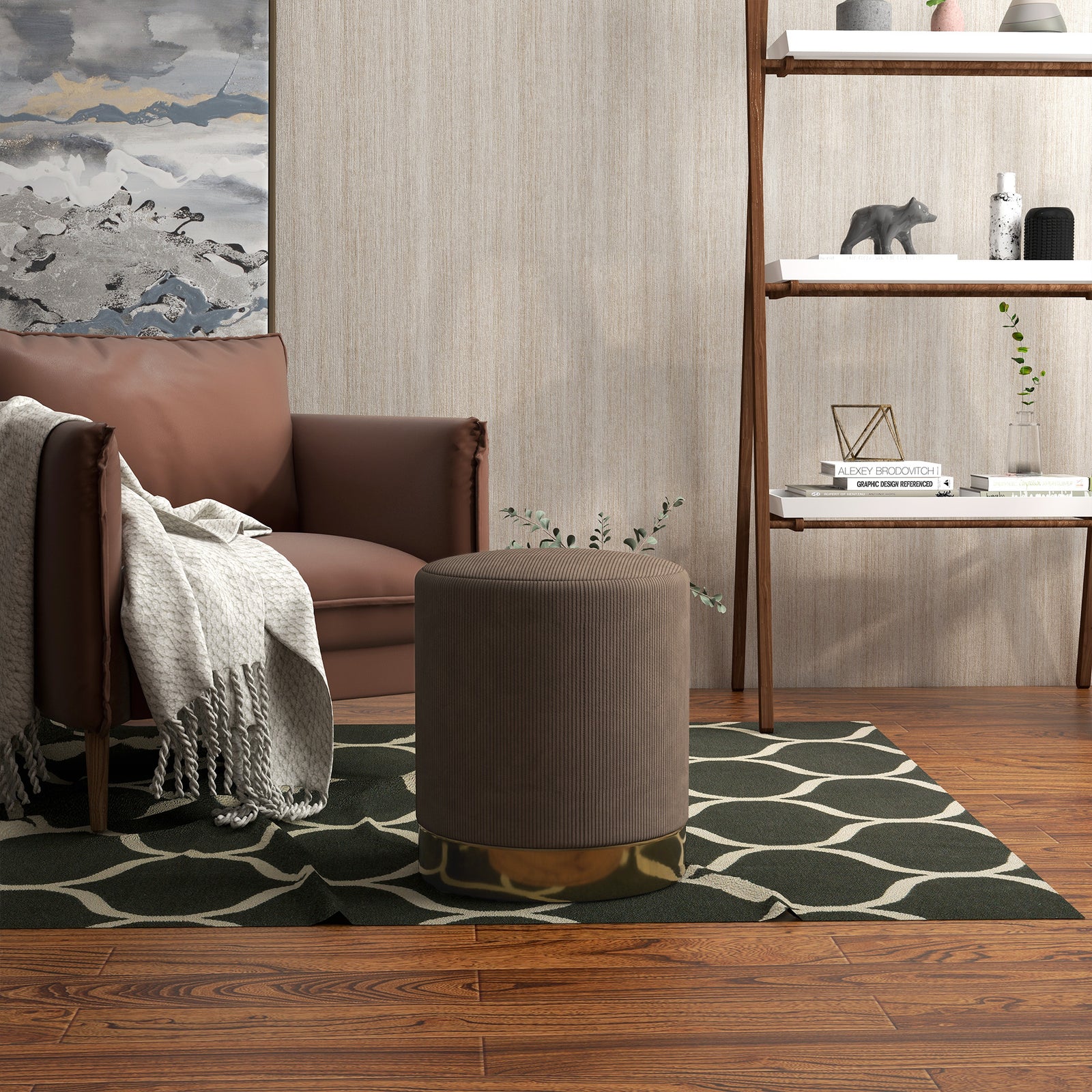 Modern Round Footstool, Fabric Upholstered Foot Rest | One Size | Brown