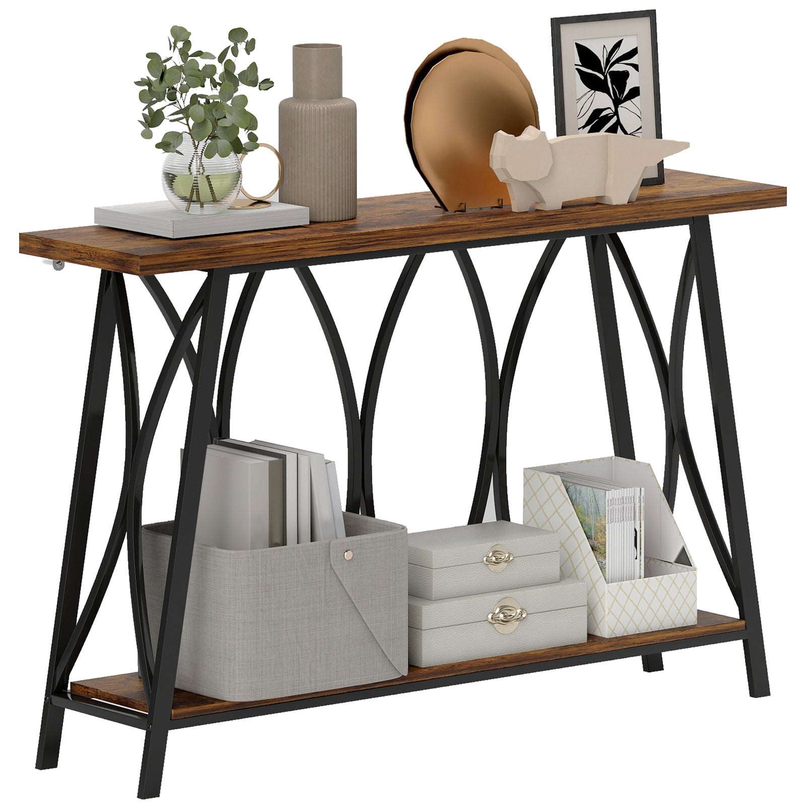 HOMCOM Console Table, Industrial Narrow Sofa Table With 2 Tiers, Metal Frame