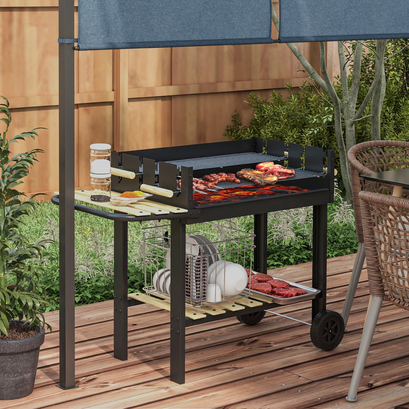 Outsunny Charcoal Bbq Trolley With Double Grill