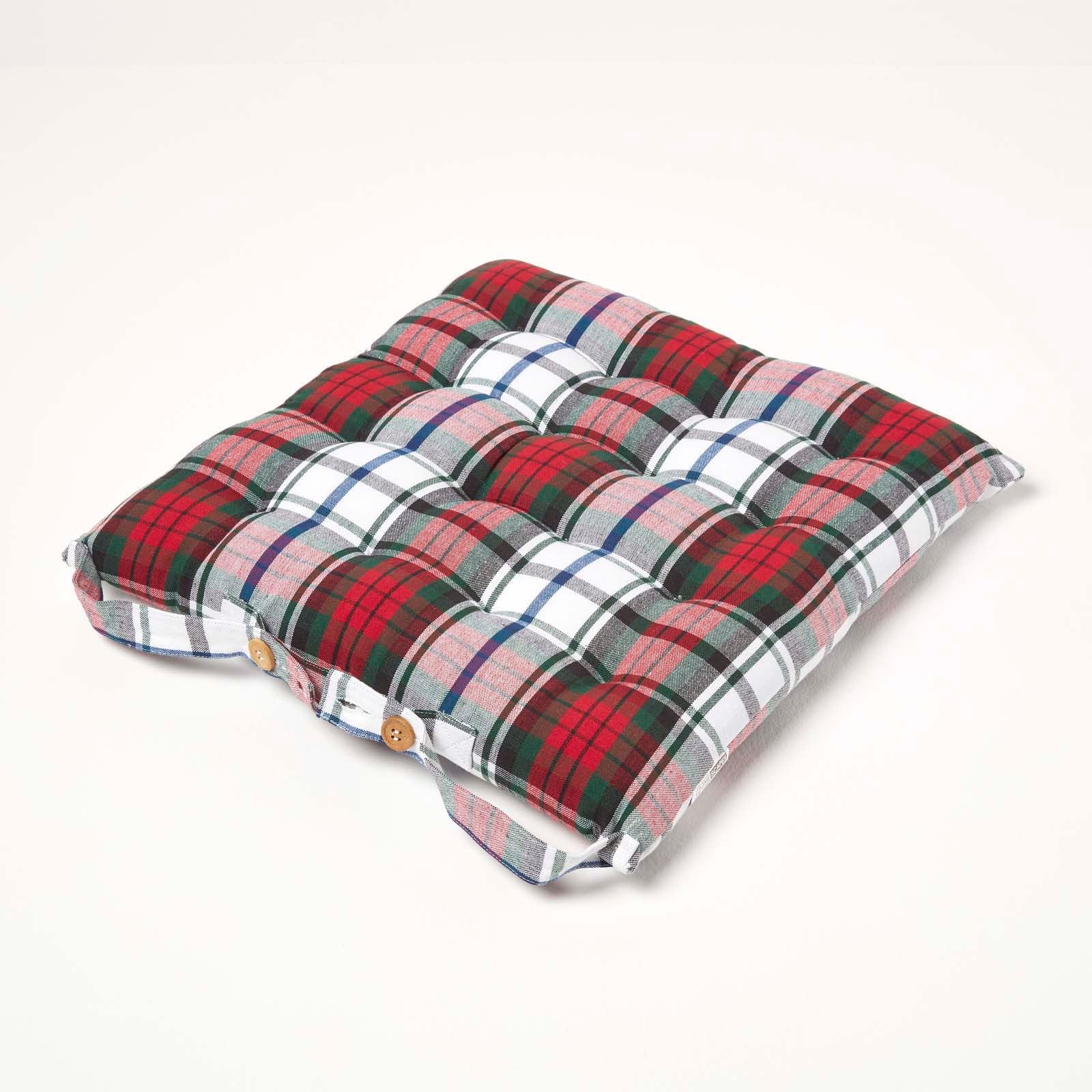 Tartan Check Seat Pad With Button Straps 100% Cotton, 40 X 40 Cm | Set-of-1 | Red