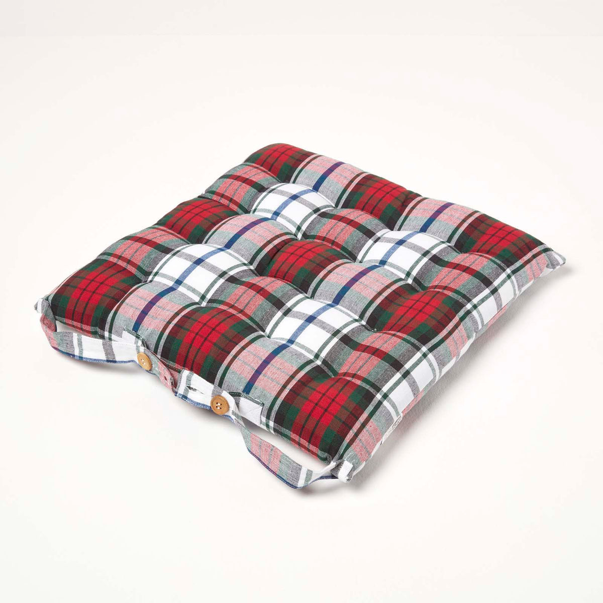 Tartan Check Seat Pad With Button Straps 100% Cotton, 40 X 40 Cm | Set of 4 | Red
