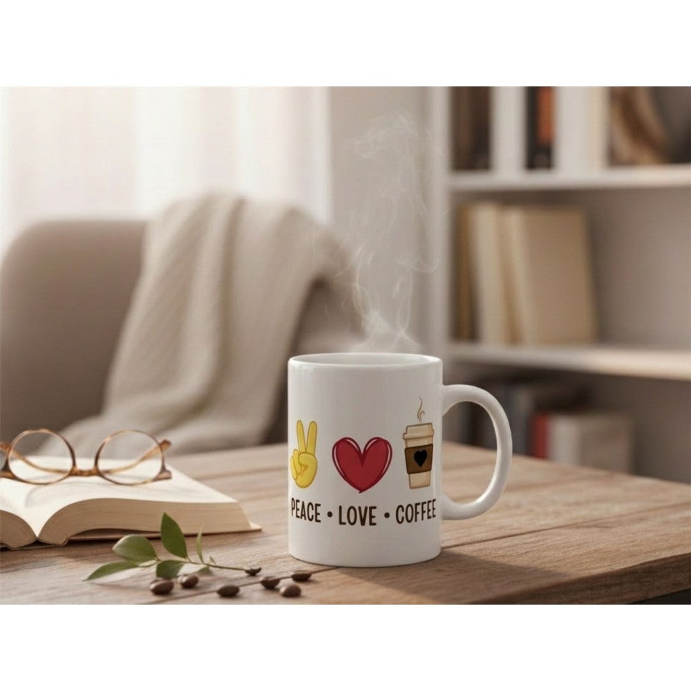 Dyzi Peace Love Coffee Quote Ceramic Coffee Mug White