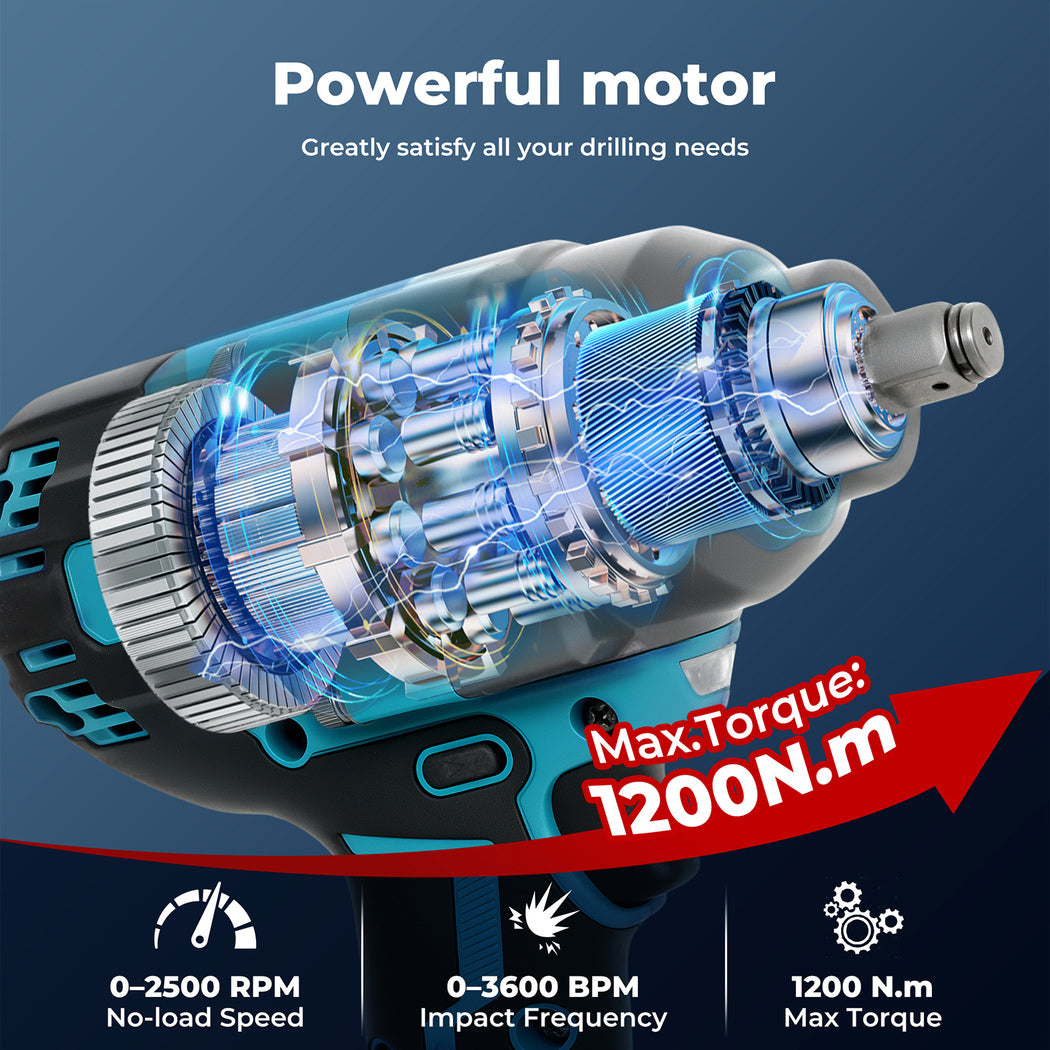 21v Brushless Impact Wrench 1/2" Rattle Gun 2×4.0ah 1200nm Kit Set | Blue