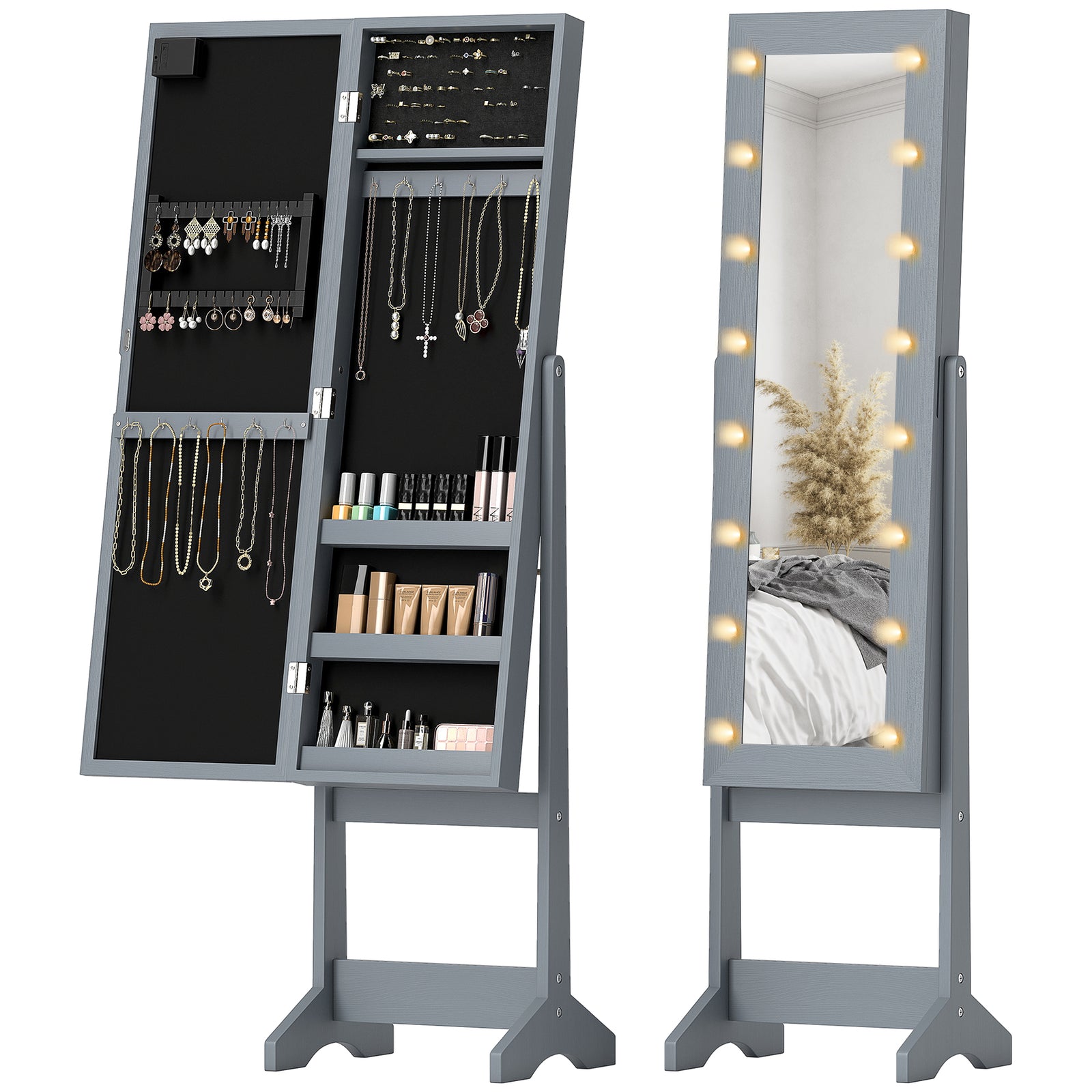 Freestanding Mirror Jewelry Cabinet With Led Lights | Grey