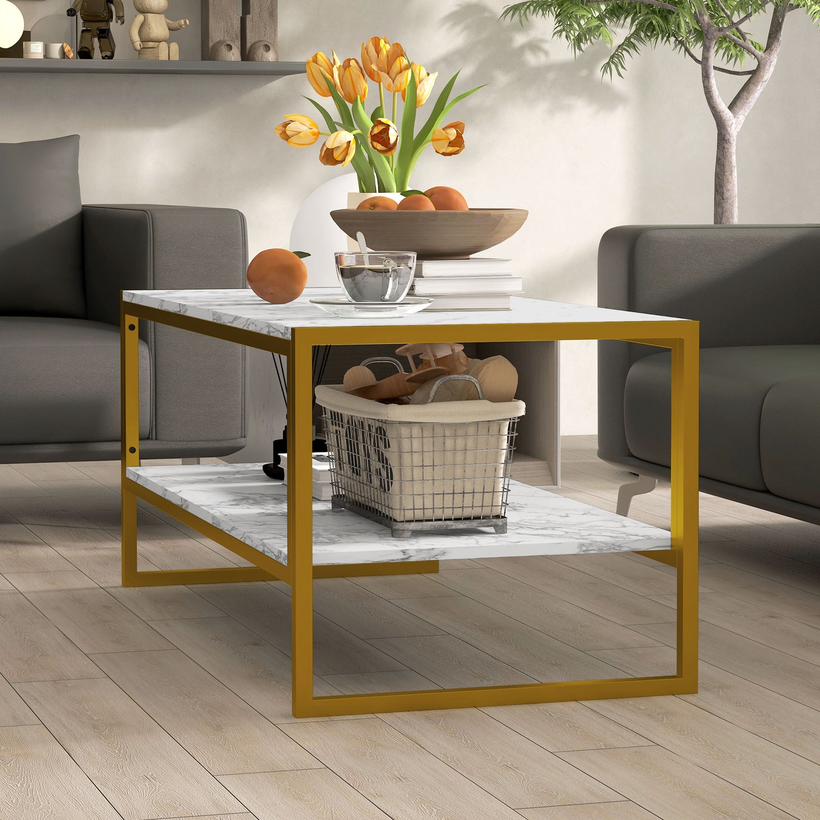 Two-tier Coffee Table, Marble Effect | White