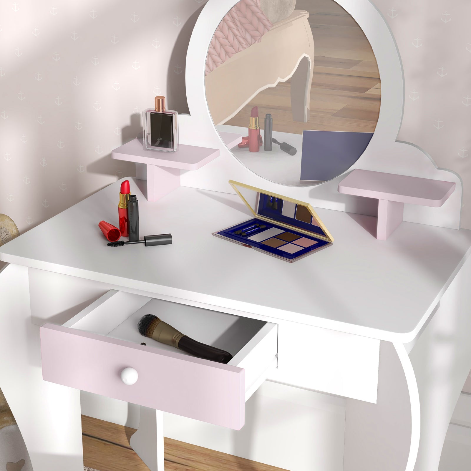 Kids Dressing Table With Mirror And Stool, Rabbit Design, For Ages 3-6 Years | White