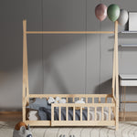 Kids Pine Wood Tent-style Bed Frame With Guardrails – 140cm X 70cm Low Design Montessori Toddler Bed For Safe And Imaginative Play