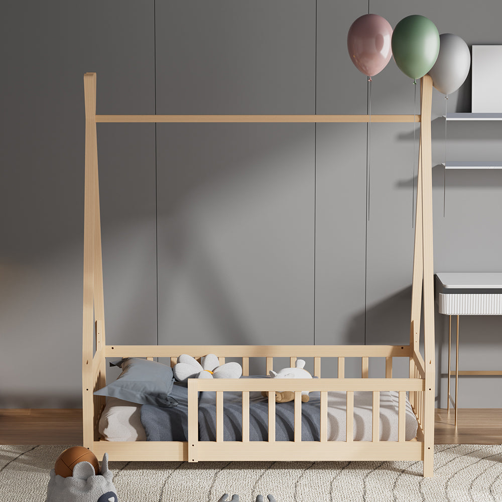 Kids Pine Wood Tent-style Bed Frame With Guardrails – 140cm X 70cm Low Design Montessori Toddler Bed For Safe And Imaginative Play