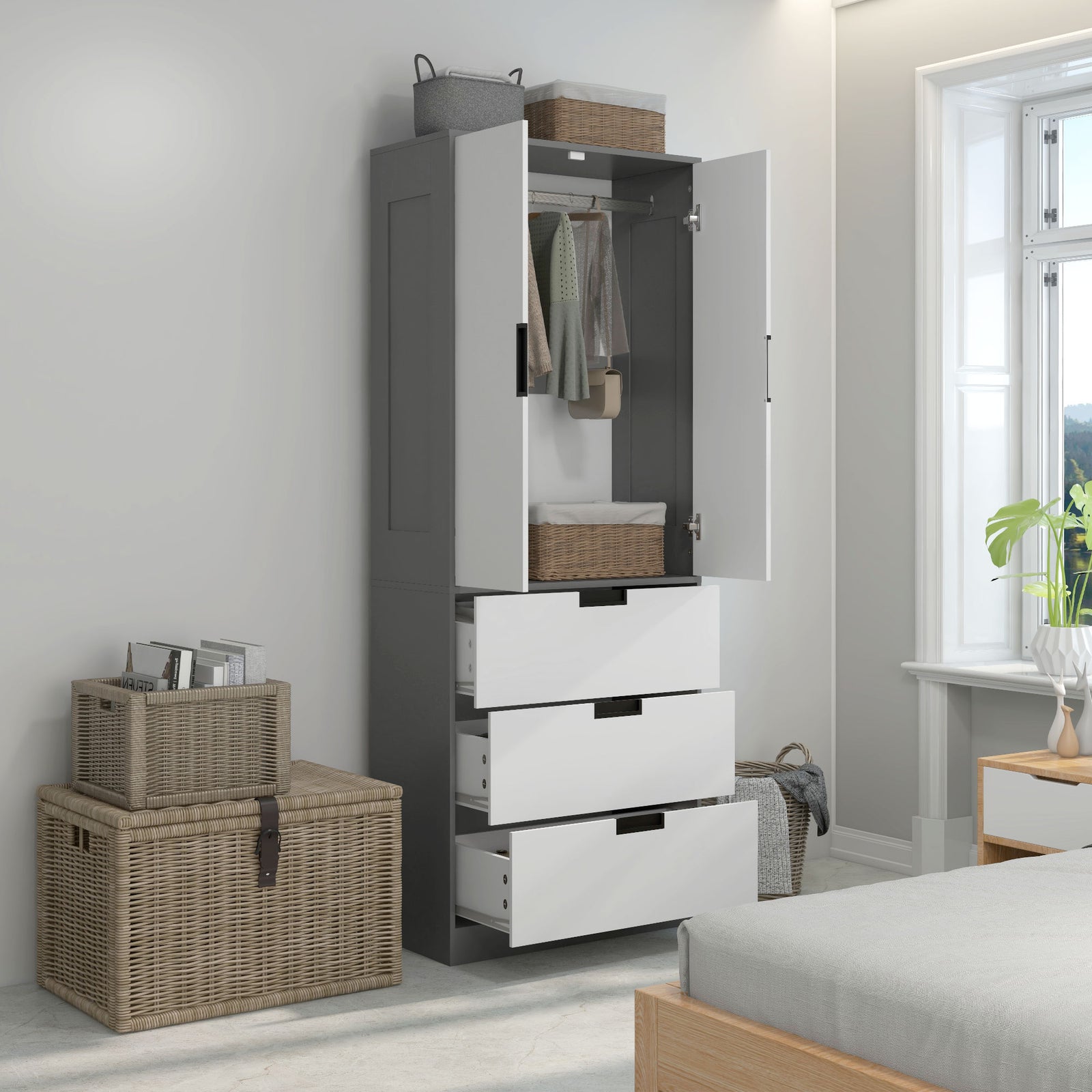 2 Door Wardrobe Wardrobe With 3 Drawer And Hanging Rod | One Size