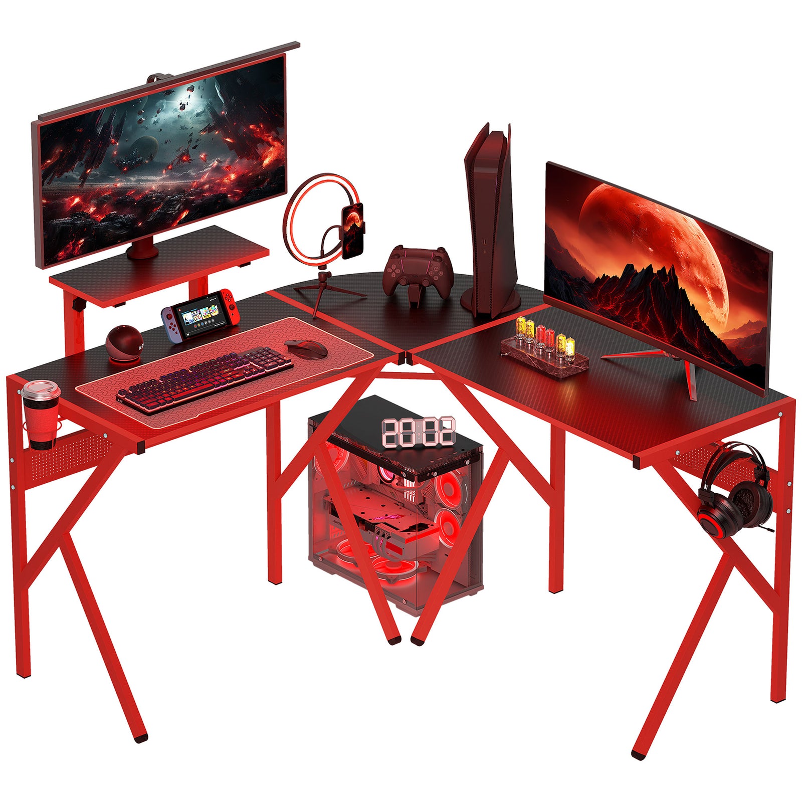 Corner Gaming Desk W/ Monitor Stand Cup Holder | Red