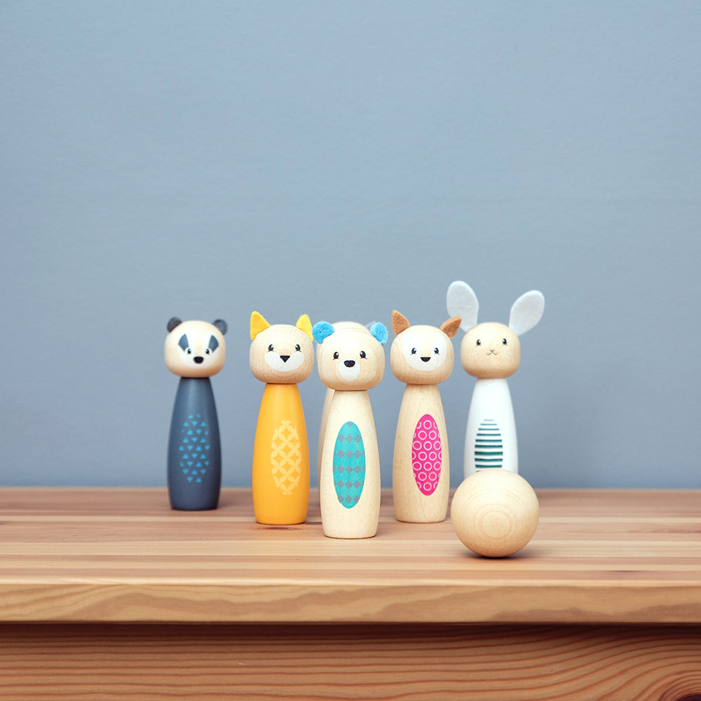 Wooden Animal Skittles Game, 1 Ball & 6 Animal Skittles