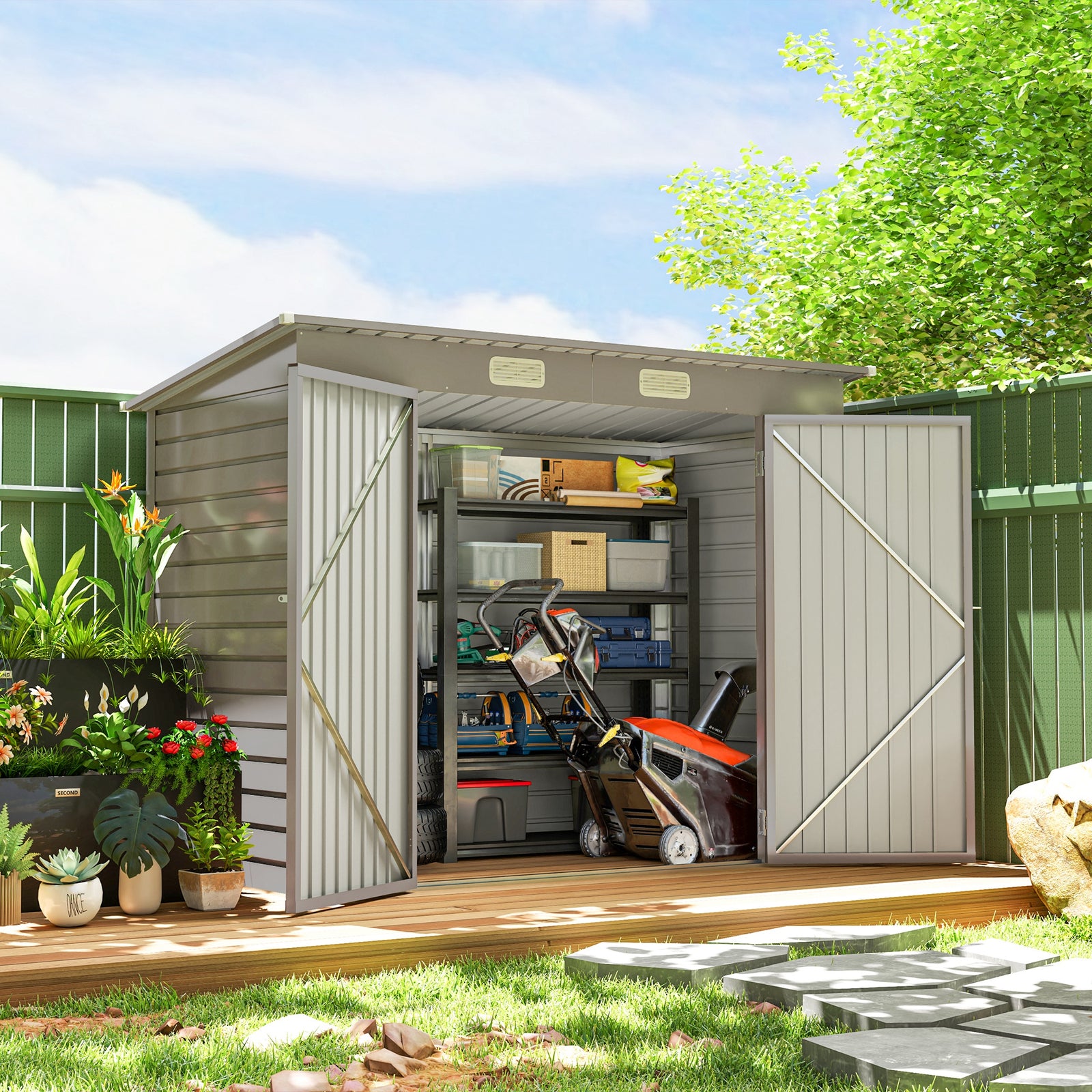 8 X 4ft Metal Garden Shed With Lockable Door, Vent & Padlock