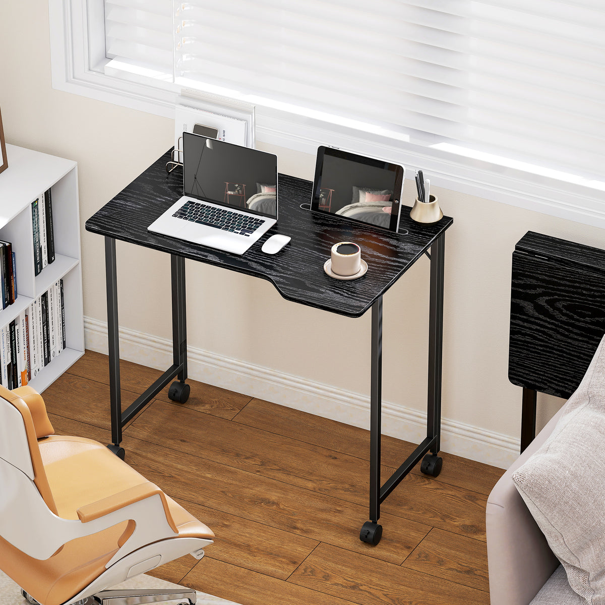 HOMCOM Small Writing Desk With Wheels, Folding Study Table