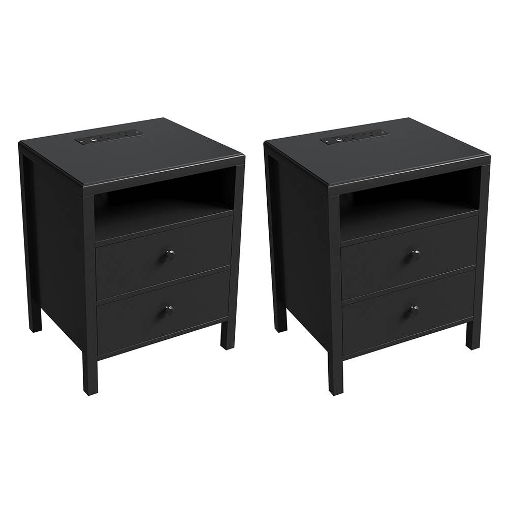 Bedside Tables With Charging Station & Drawers | Set of 2 | Black
