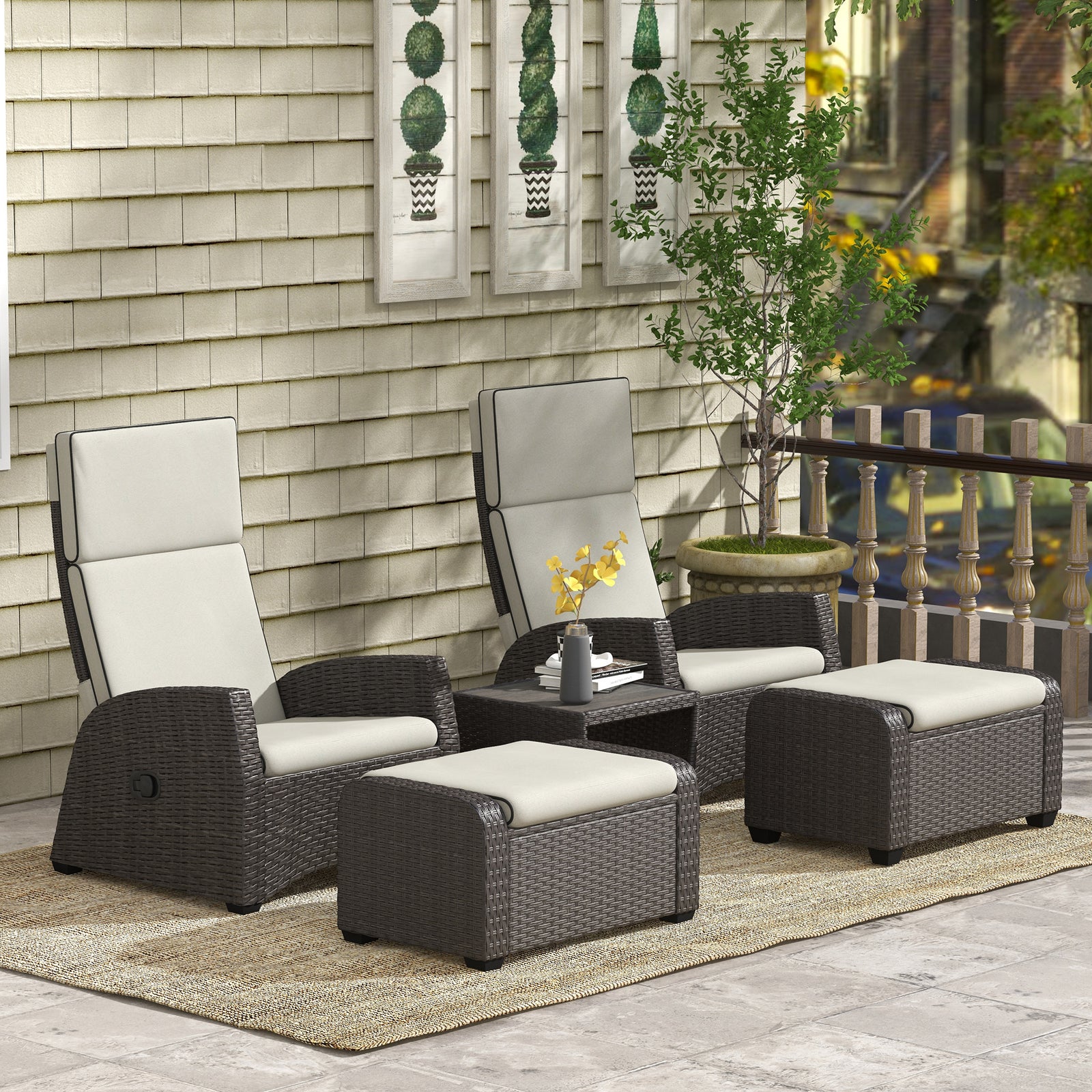 5 Pcs Rattan Garden Furniture Set W/ Reclining Chairs, Table | Brown