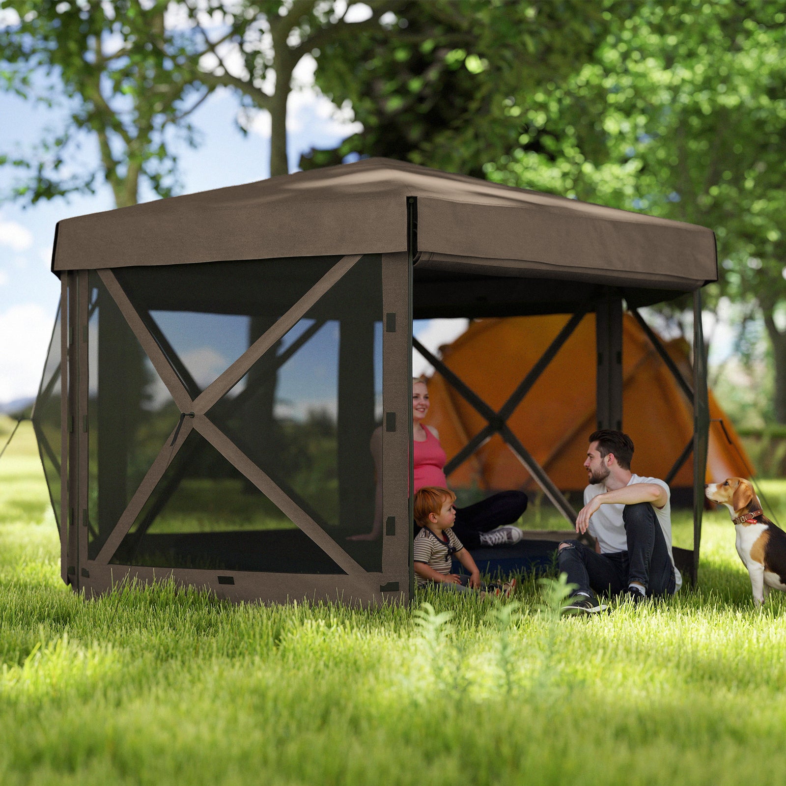 3 X 3(m) Hexagon Pop Up Gazebo With 5 Sides, Netting | Brown