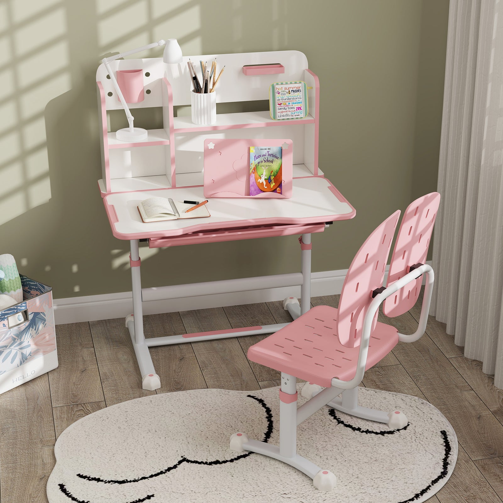 Kids Desk And Chair Set W/ Tiltable Desktop Reading Rack | Pink