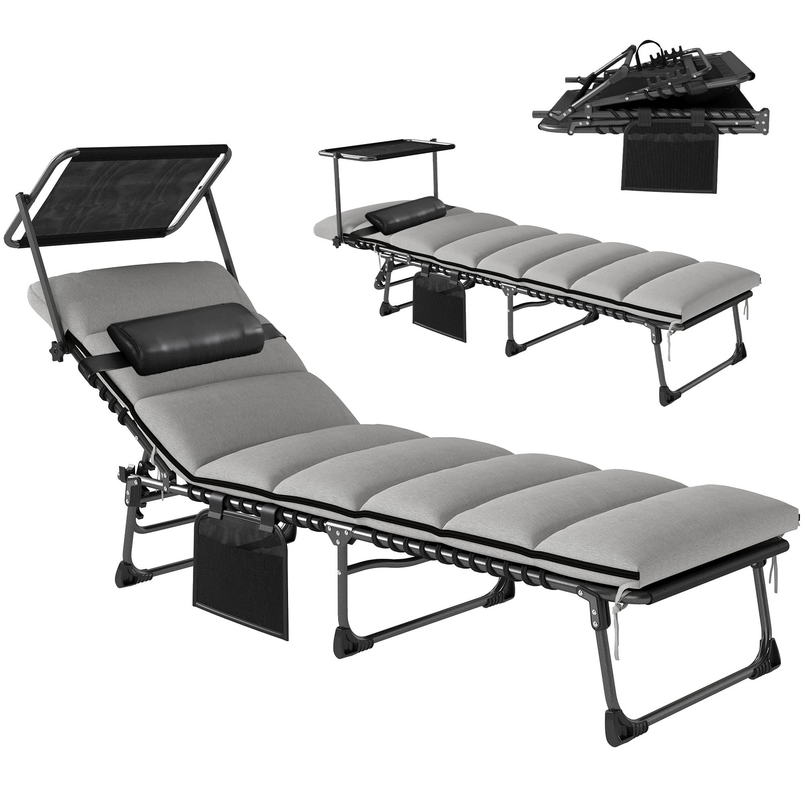 Folding Sun Lounger, Sun Bed With Canopy | Light Grey