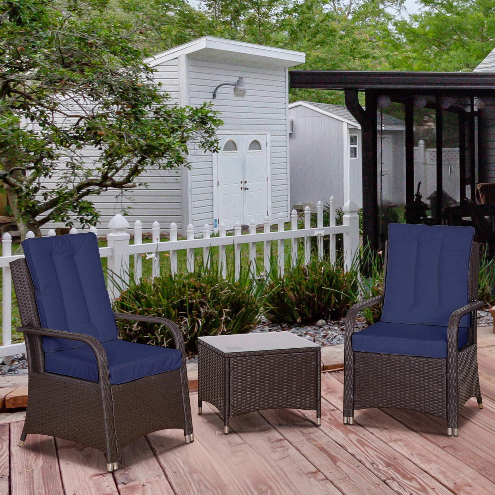 3pc Rattan Table Chair Bistro Garden Furniture Set Wicker | Dark Blue