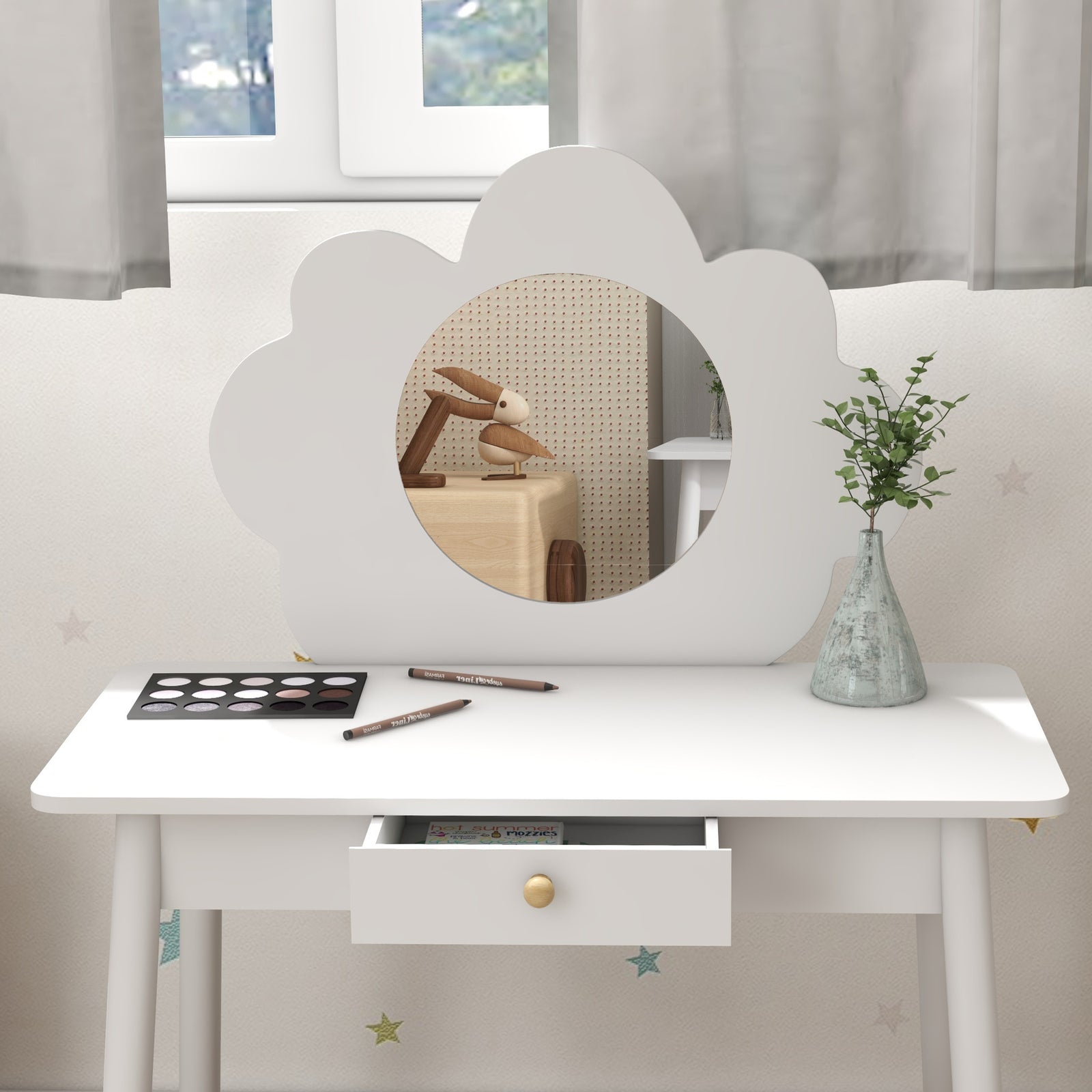 Kids Dressing Table With Mirror And Stool, Drawer, Cloud Design | White