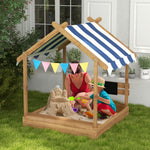 Sand Pit With Canopy, Blackboard, Toys, Sink, Seats, Flags For Kids | Brown