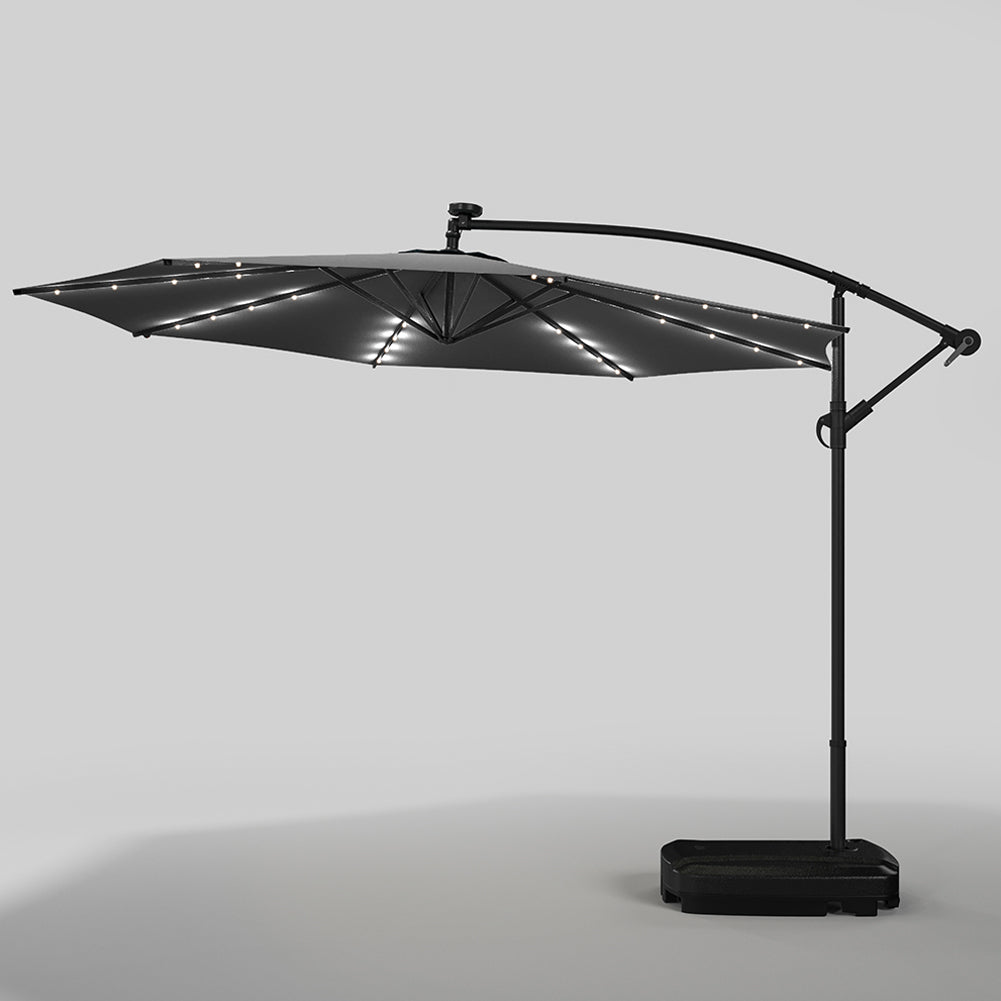 3m Banana Cantilever Patio Umbrella With 32 Solar-powered Led Lights, Crank Opening System, Fillable Base With Wheels | One Size | Dark Grey