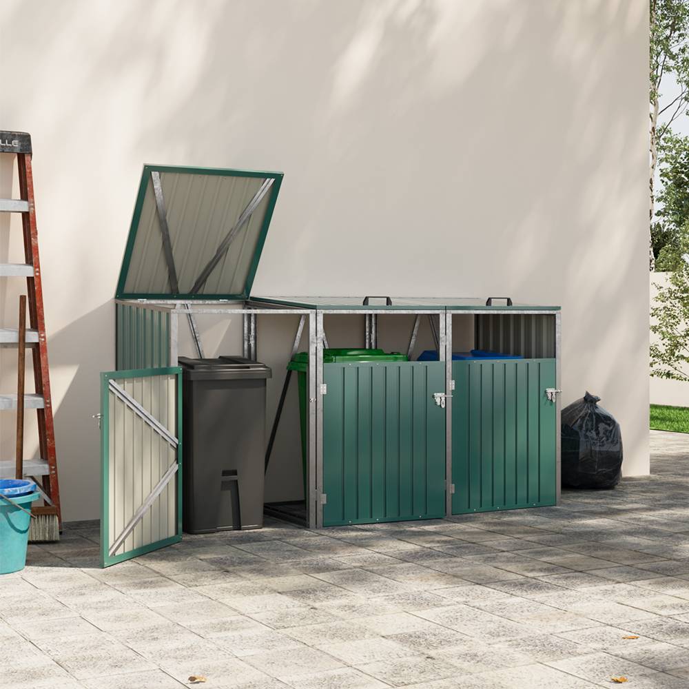 3 Bin Storage Shed – Heavy-duty Galvanized Steel Outdoor Bin Store With Lift-up Lids & Lockable Doors | Green