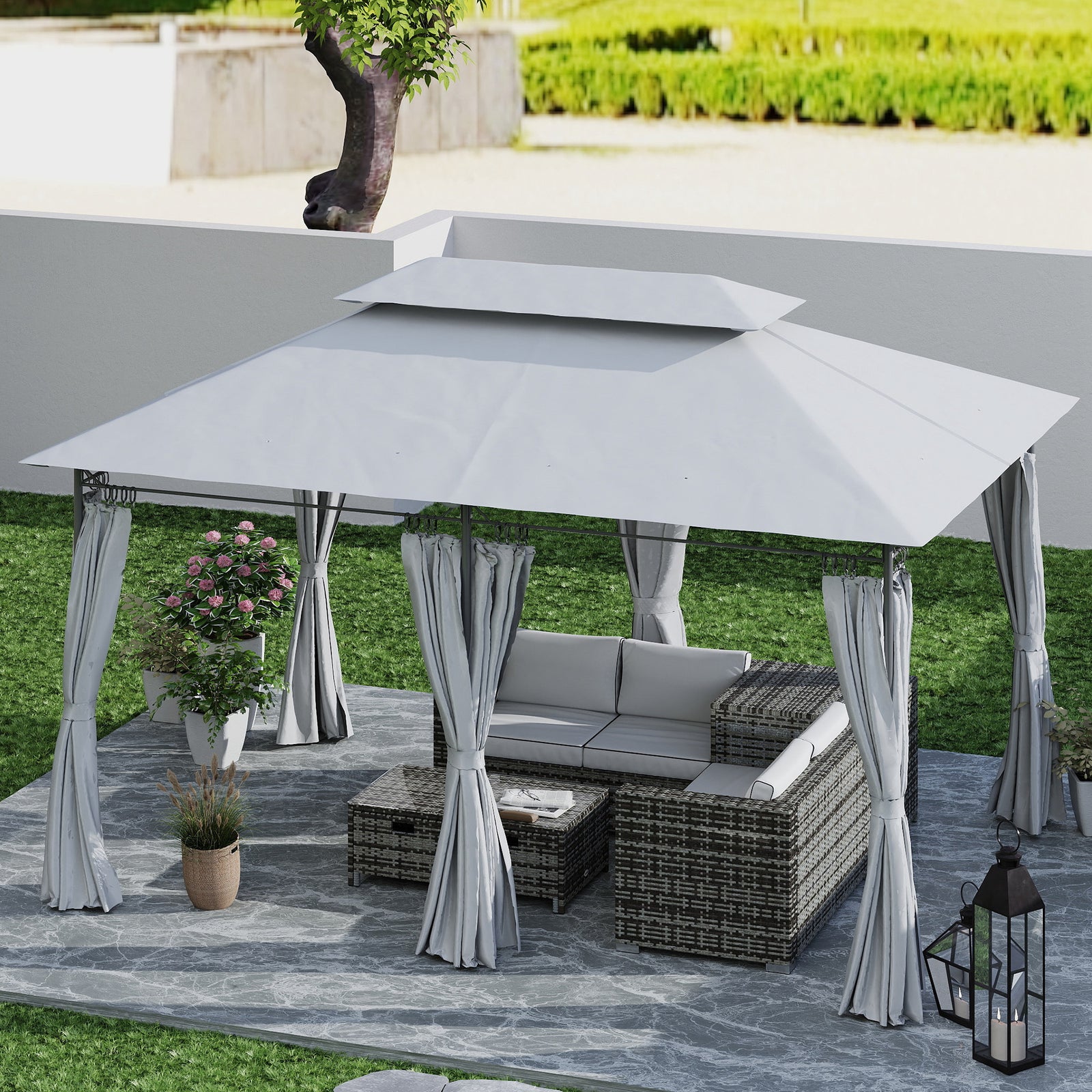 3x4m Garden Gazebo With Sides, Double Roof Metal Gazebo | Dark Grey