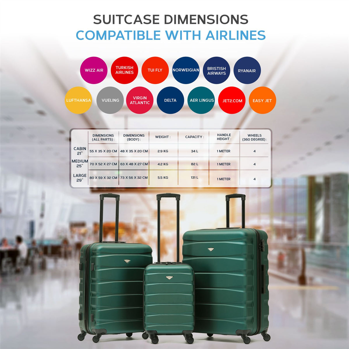 Set Of 3 Hard Shell Suitcase Cabin & Check In Cases With Tsa Lock - Overhead Cabin With Medium & Large Check-in Bag | Set of 3 | Forest Green