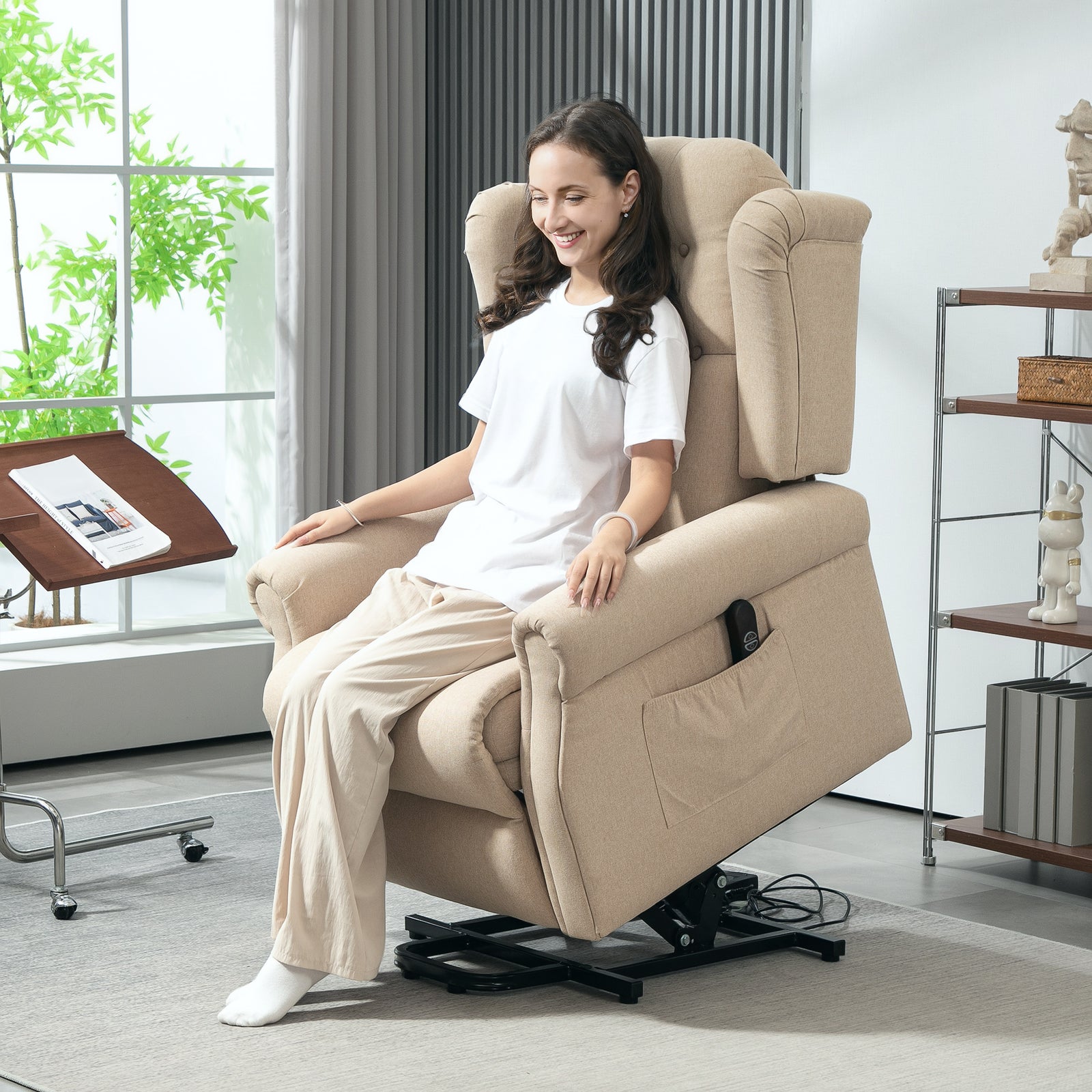 Power Lift Recliner Armchair With Wingback, Button Tufted | One Size | Beige