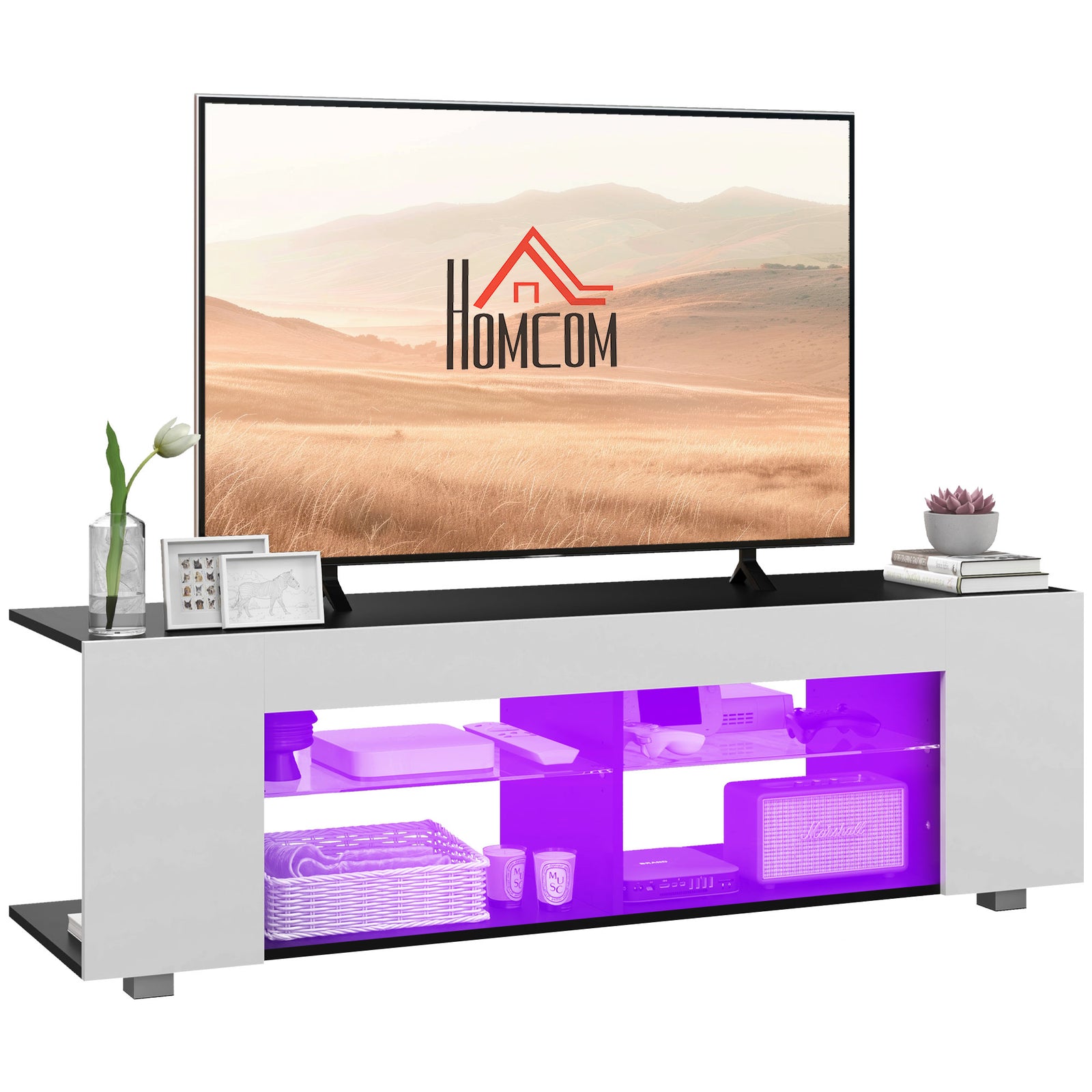 Tv Stand 145cm Glass Shelves Rgb Led | White