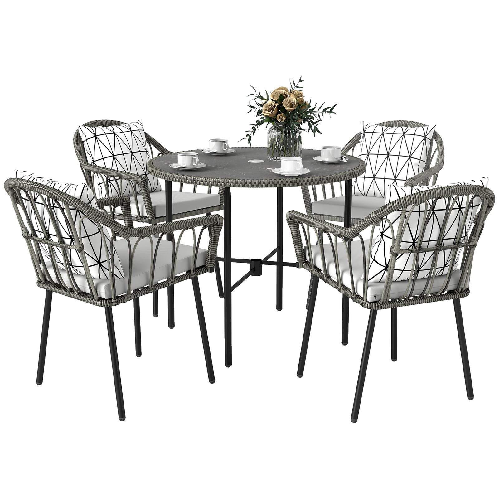 5 Piece Patio Rattan Dining Set, Removable Cushions | Gray