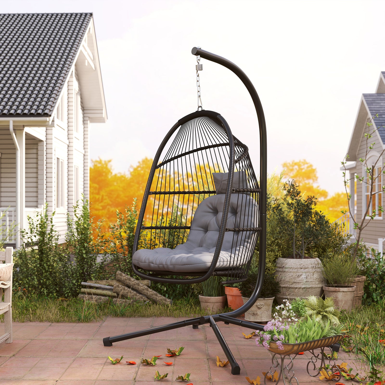 Outsunny Dark Grey Rattan Egg Chair, 150kg