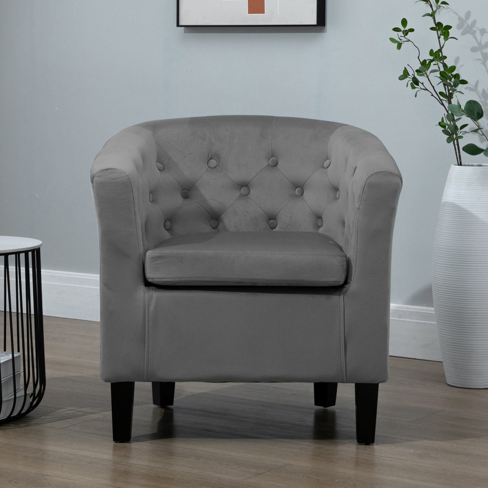 Clio 68cm Wide Velvet Fabric Studded Back Accent Chair With Dark And Light Wooden Legs | Gray