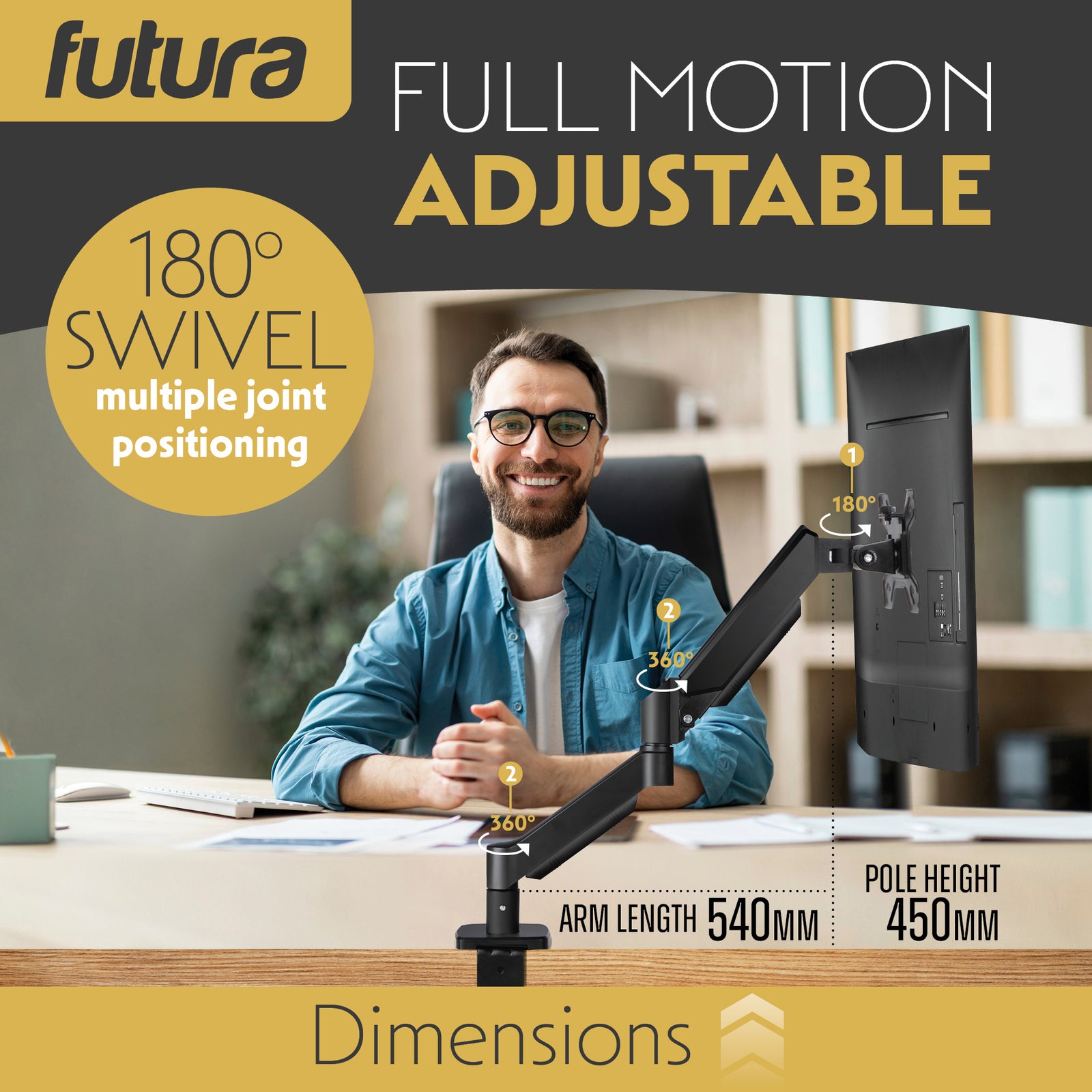 Single & Dual Monitor Arm Desk Mount Gas Spring Bracket 13-32 Inch Screens, Adjustable Stand, Full Motion Tilt Swivel Rotation | Single Monitor Arm | Black