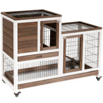 Wooden Indoor Rabbit Hutch Elevated Bunny Cage With Enclosed Run W/ Wheel | Brown