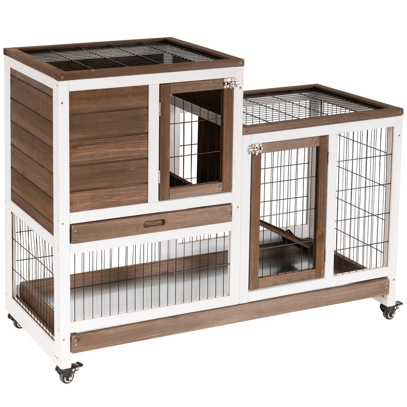Wooden Indoor Rabbit Hutch Elevated Bunny Cage With Enclosed Run W/ Wheel | Brown