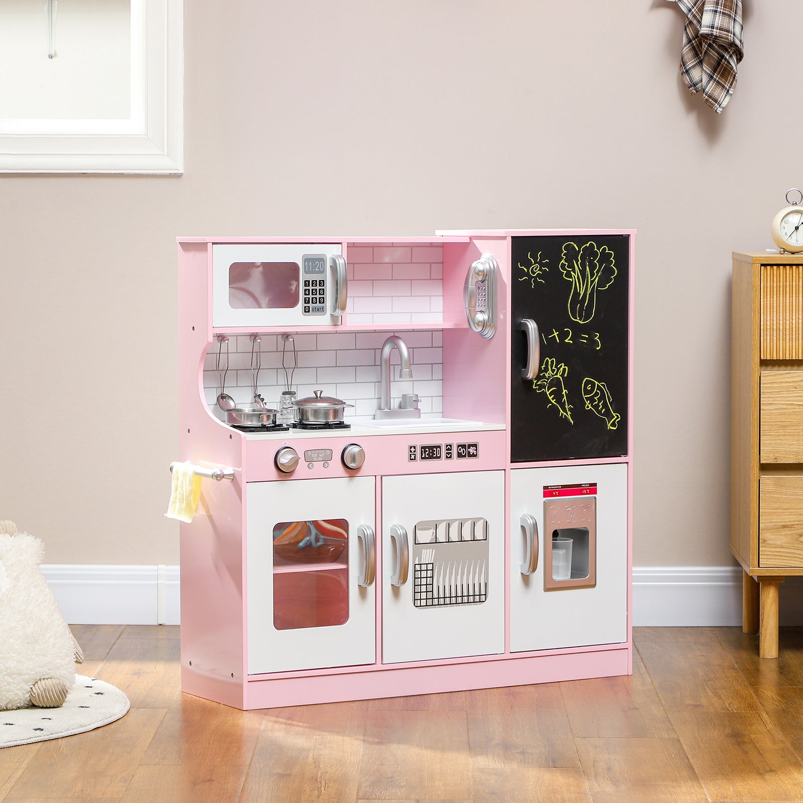 Play Kitchen, Pretend Toy Kitchen W/ Phone, Chalkboard, Sink