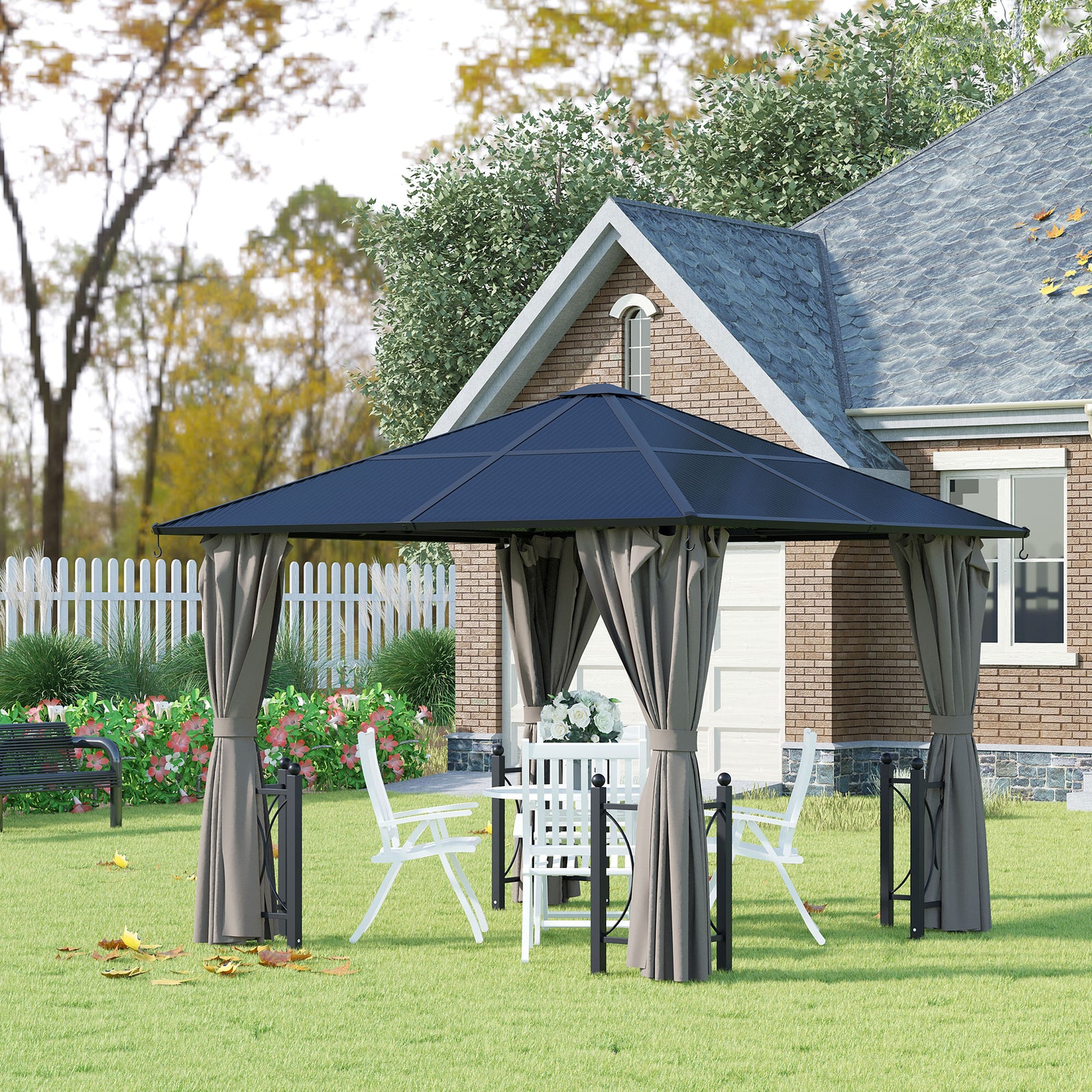 3x3(m) Hardtop Gazebo With Pc Roof, Netting And Curtains
