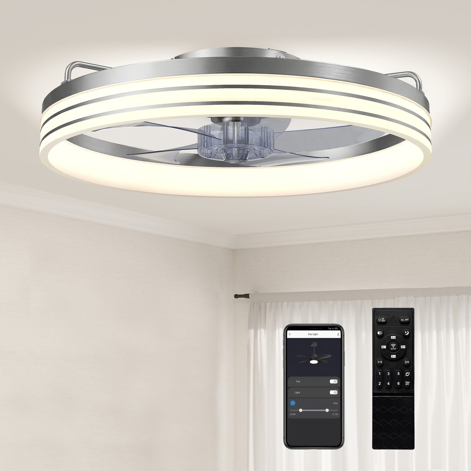 Ceiling Fan With Light And & App Control, 6 Speed, 50 Cm | Silver
